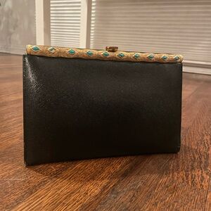 Vintage Bienen-davis black clutch with gold hardware and blue stones